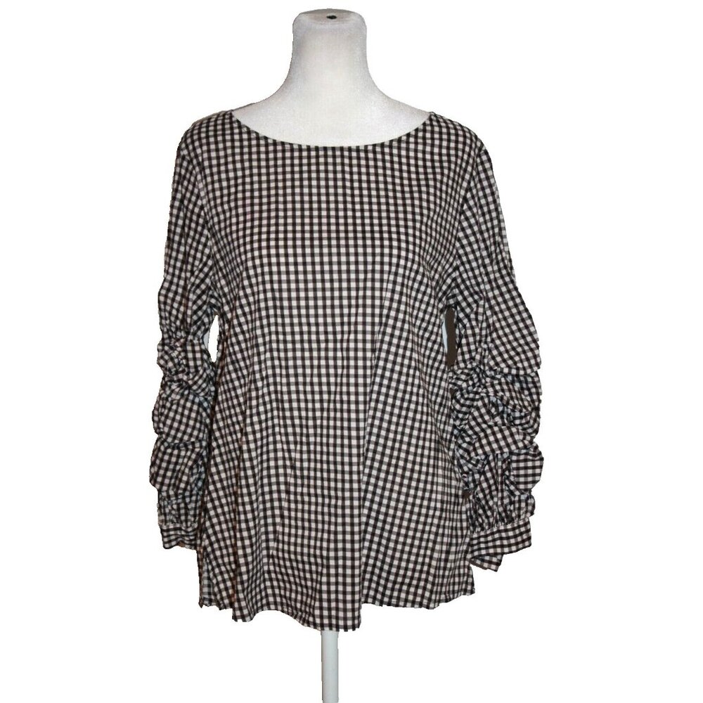Sanctuary Blouse Size Small Black White Gingham Rauched Ruffle Sleeve